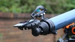 Showing the smartphone holder in action with the Celestron Inspire 100AZ budget amateur astronomy telescope