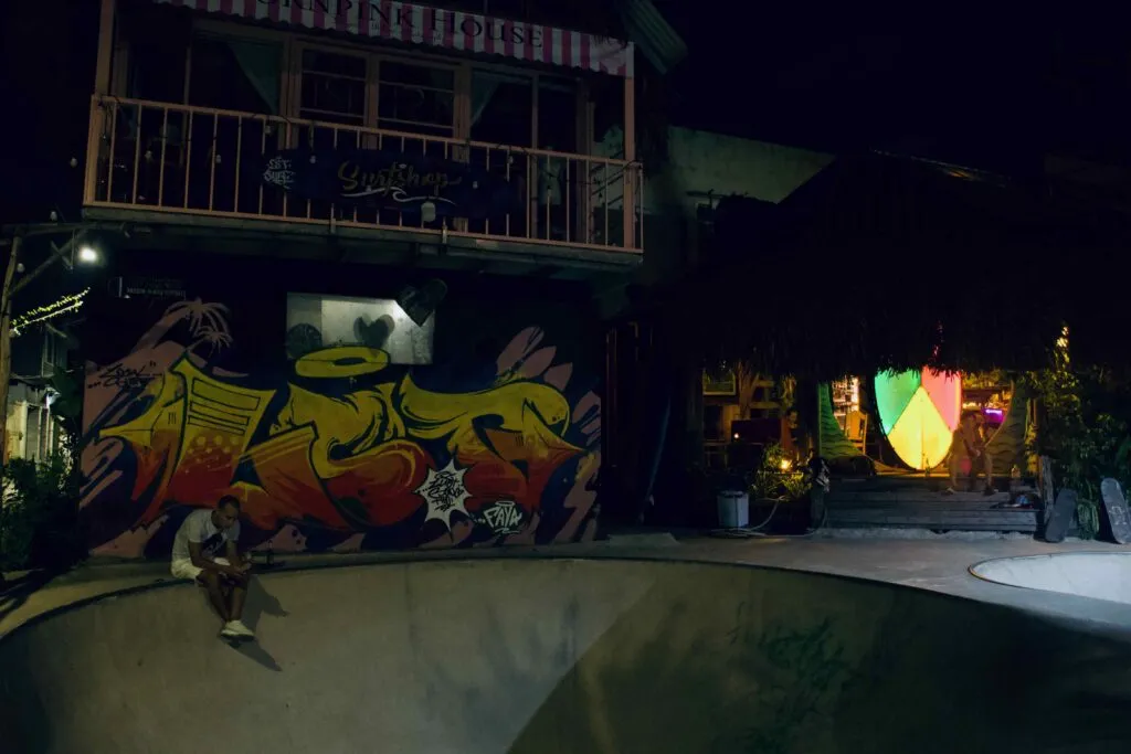 Skater relaxing in the skate park at Faya Surf Bar