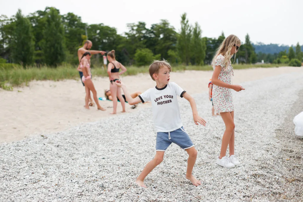 Smooth, flat skipping stones on a beach in Glen Arbor.