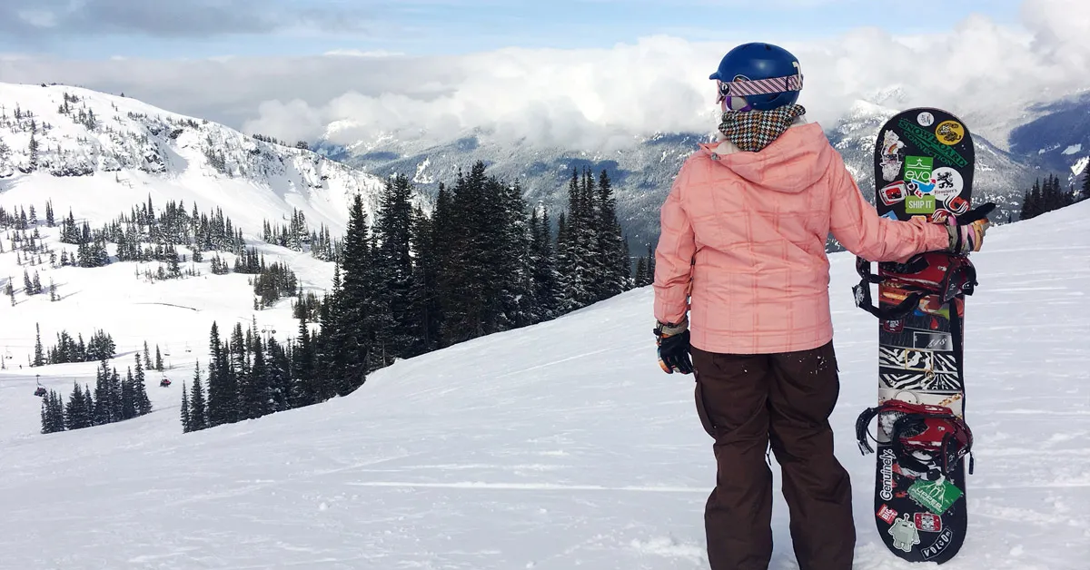 Snowboarder looking out at snow-capped mountains on a clear day