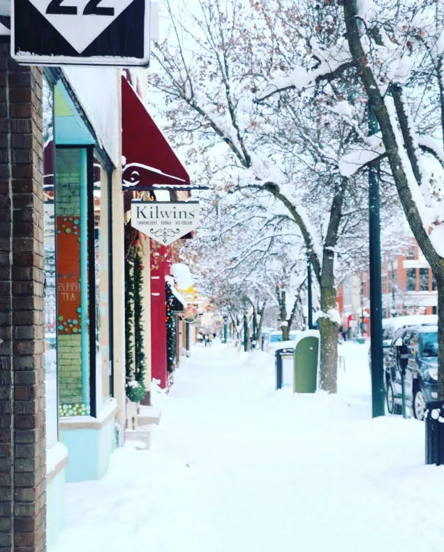 Snowy street scene in downtown Traverse City during winter, a picturesque Michigan destination