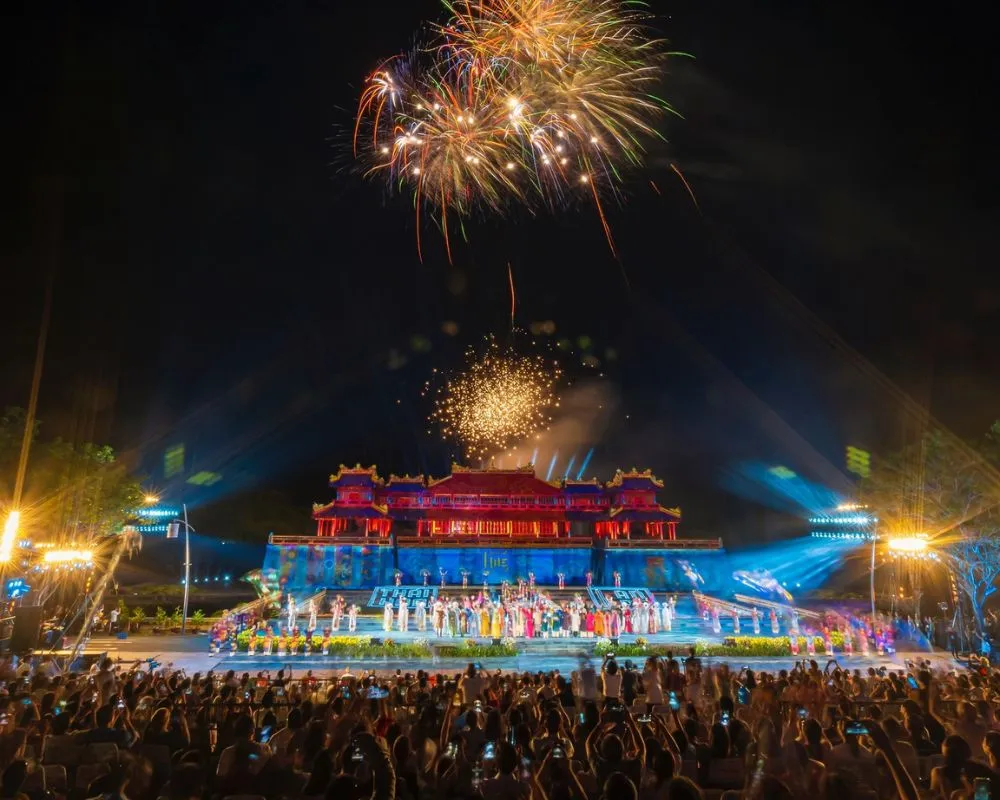 Spectacular fireworks illuminate the night sky over Hue during the opening ceremony of the Hue Festival