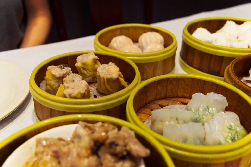Steamed shrimp and pork Sui Mai dumplings from Super Star, a unique choice for brunch in Denver.