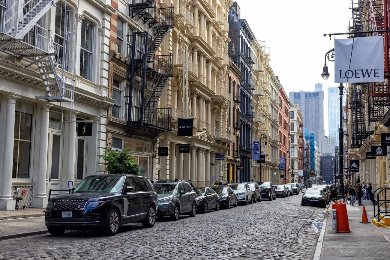 Street scene in SoHo showcasing cast-iron buildings