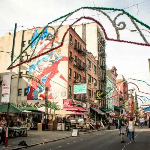 Street view capturing the vibrant atmosphere of Little Italy in NYC