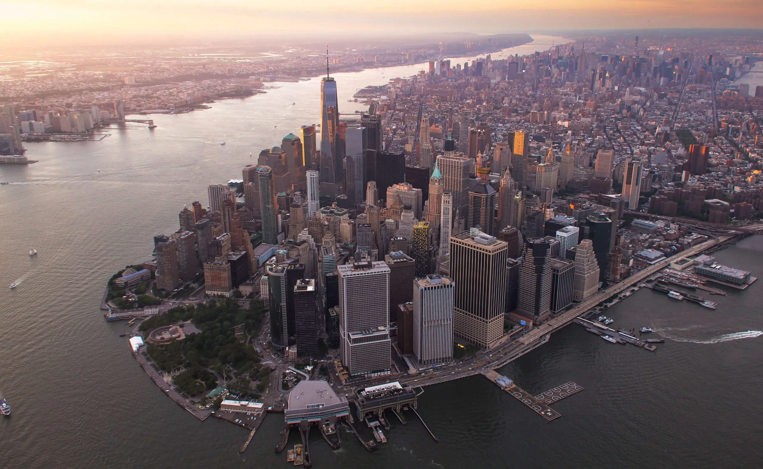 Street view of the Financial District in Lower Manhattan with tall buildings