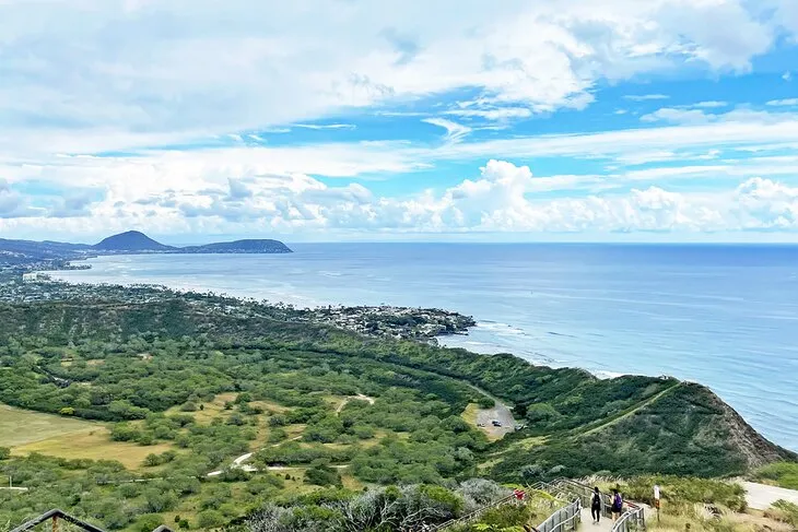 Stunning panoramic view of Waikiki coastline from the summit of Diamond Head.