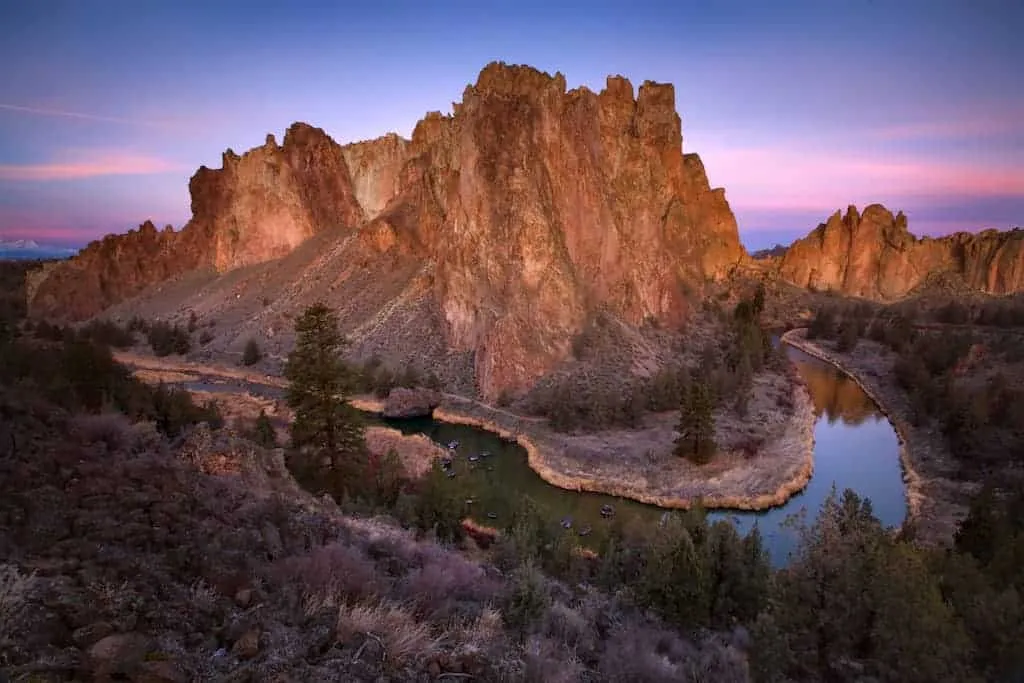 Sunrise over jagged rock formations at Smith Rock State Park near Bend, Oregon