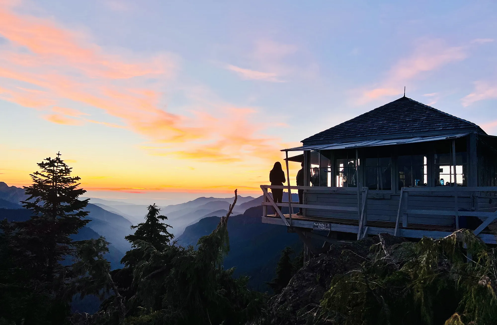 Sunset at the historic Park Butte Fire Lookout during an overnight backpacking trip in Washington