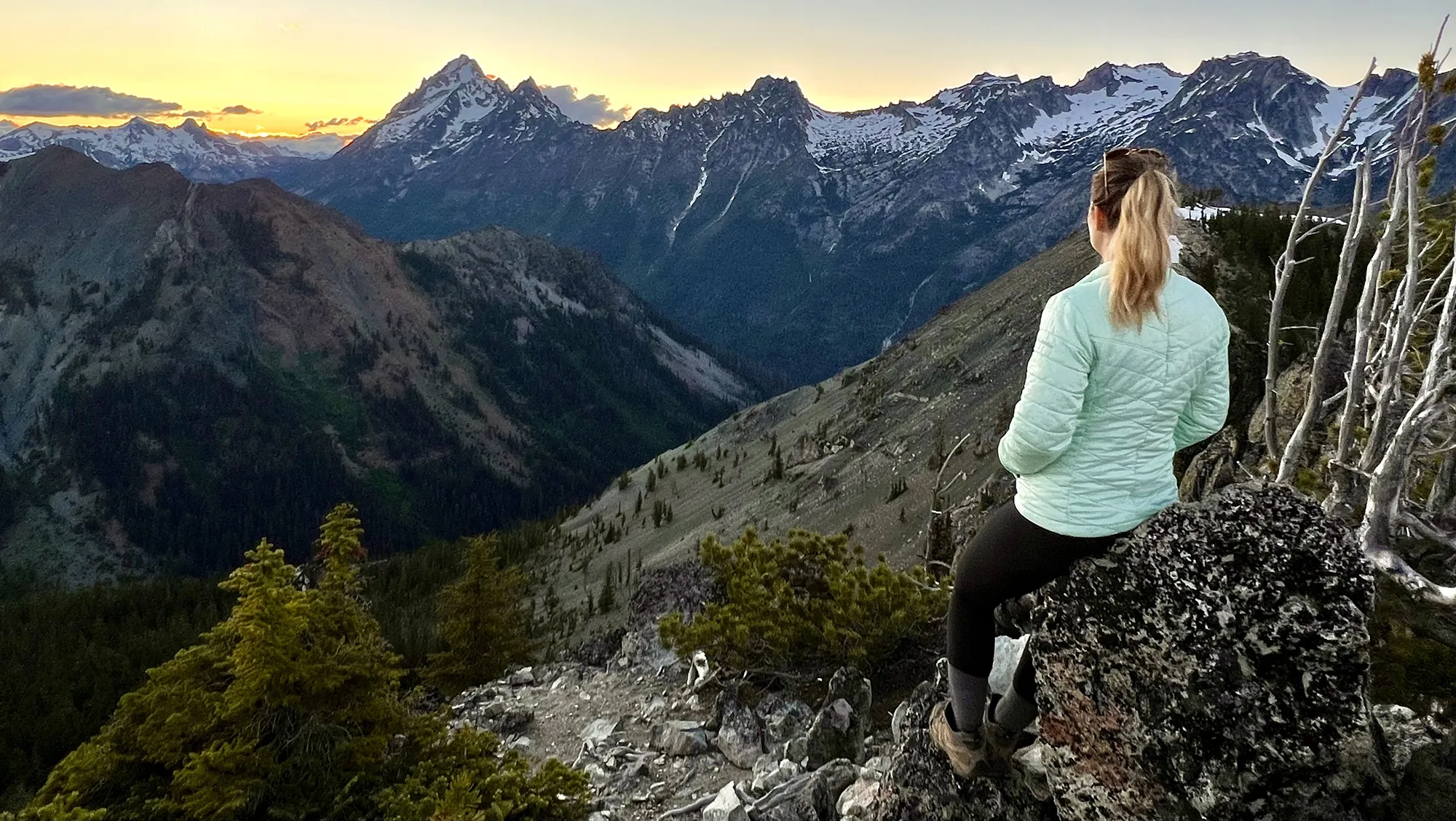 Sunset views of the Mount Stuart range from near Navaho Peak, Washington
