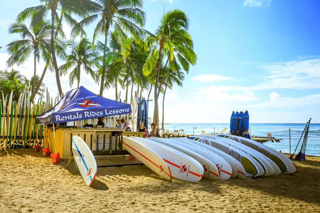 Surfboard rental kiosk on Waikiki Beach, a popular spot for lessons and rentals