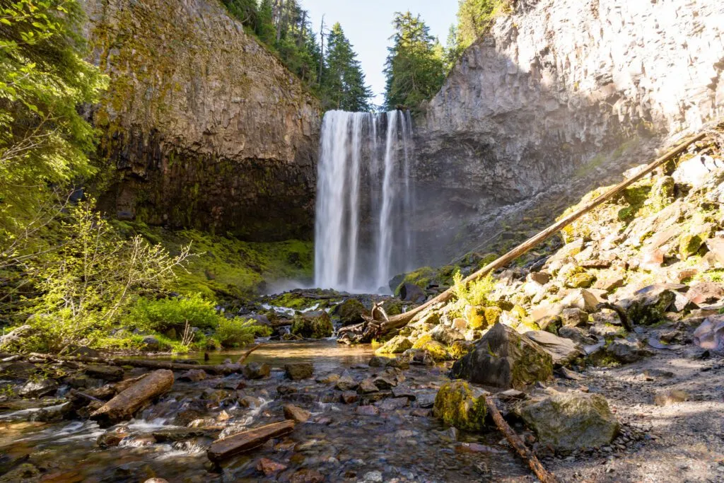 Tall, curtain-like Tamanawas Falls cascades down rocky cliffs in Mount Hood National Forest