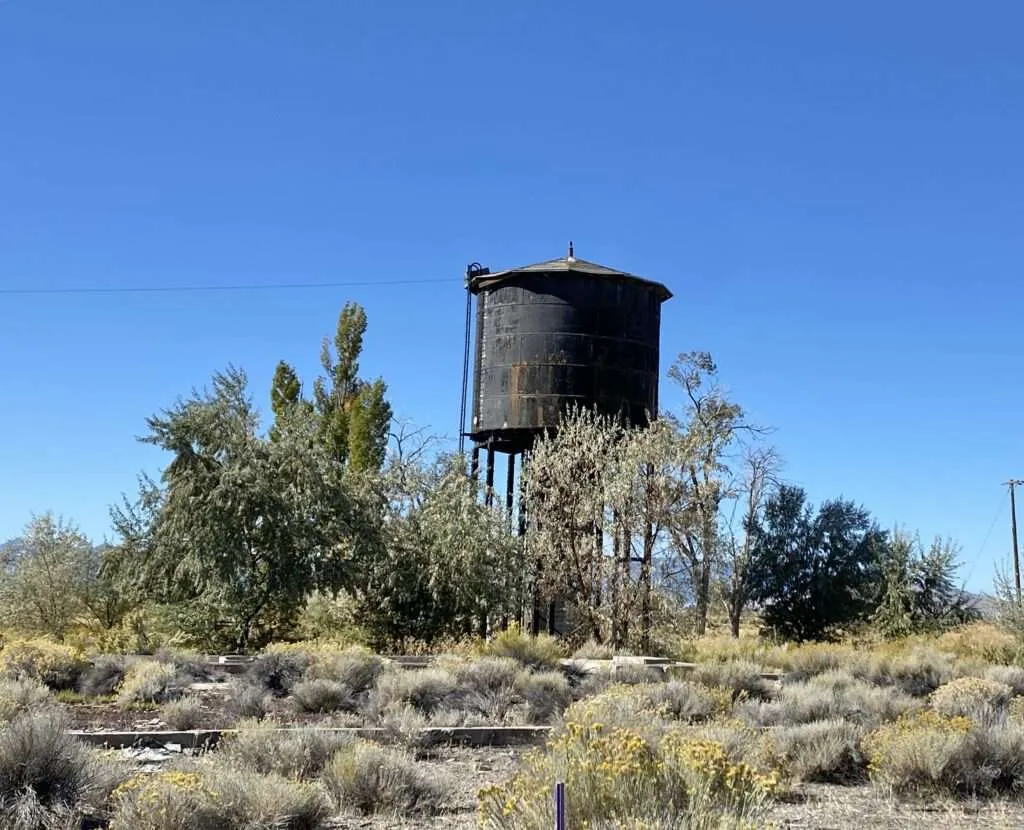 Tall railroad water tower in Wendel, California ghost town near Reno