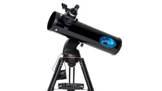 The Celestron Astro Fi 130 Newtonian reflector telescope on a white background