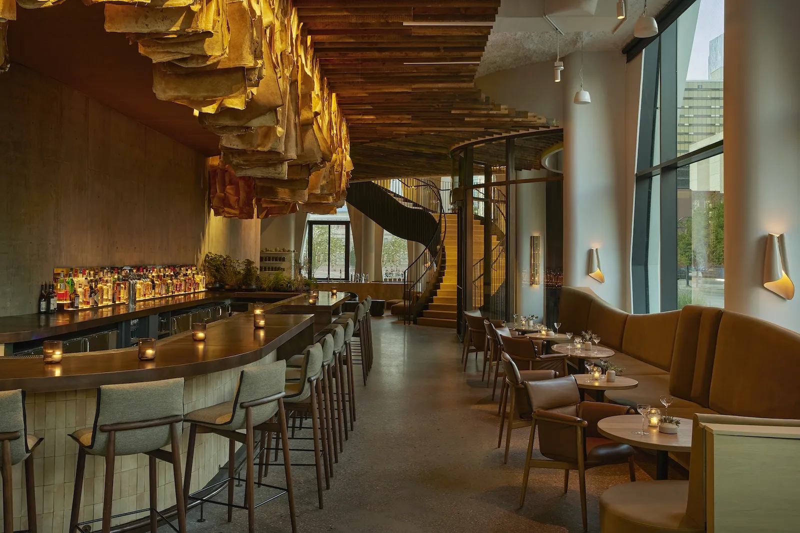 The curved dining room at Pasque Restaurant