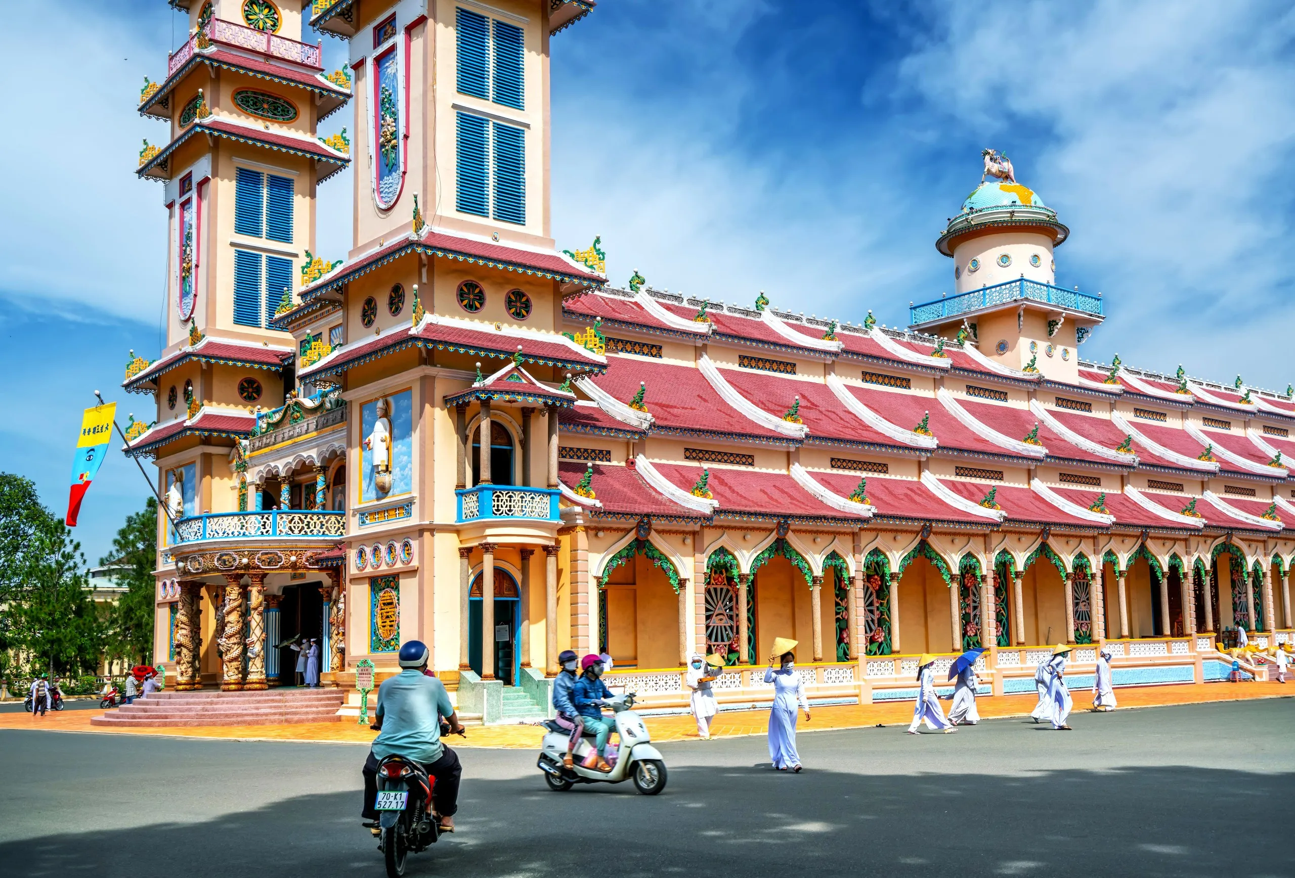 The distinctive architecture of the Cao Dai cathedral at Tay Ninh, a fascinating cultural site near Ho Chi Minh City, Vietnam.