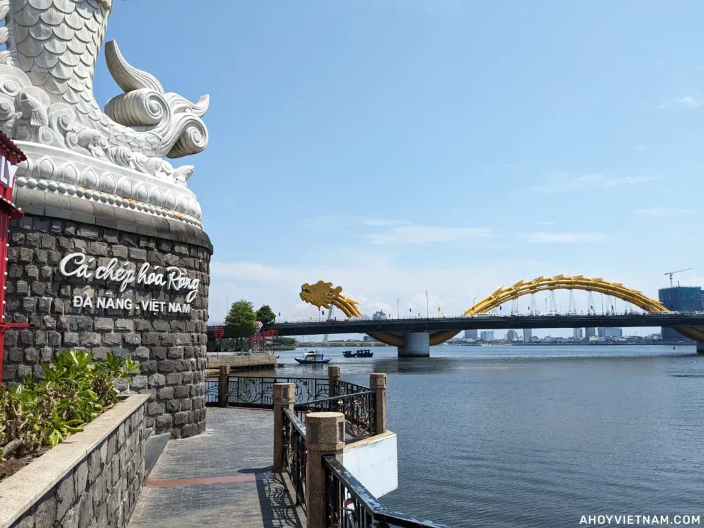 The Dragon Bridge in Da Nang from a pier in Son Tra.