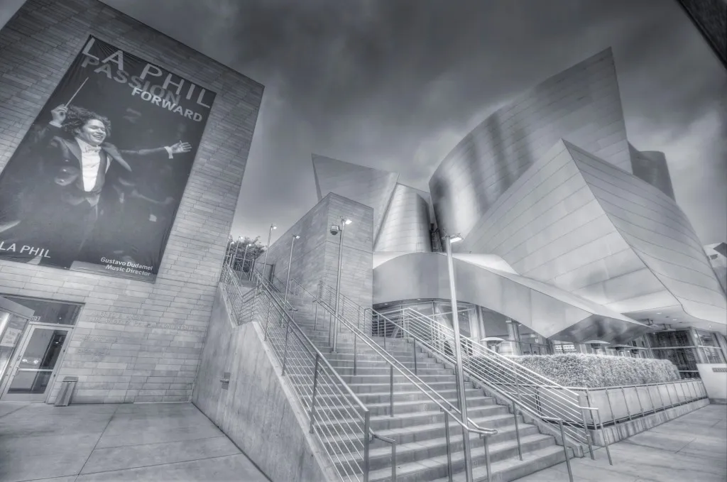 The exterior of the Walt Disney Concert Hall, a key location for architectural photography in LA
