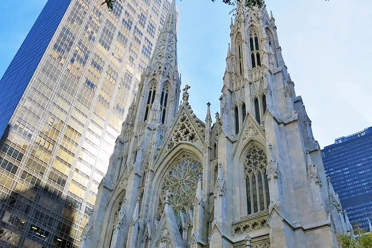 The facade and spires of St. Patrick's Cathedral on Fifth Avenue, a beautiful example of Gothic Revival and a famous place in New York