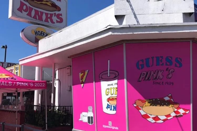 The famous bright pink exterior of Pink's Hot Dogs in Los Angeles.
