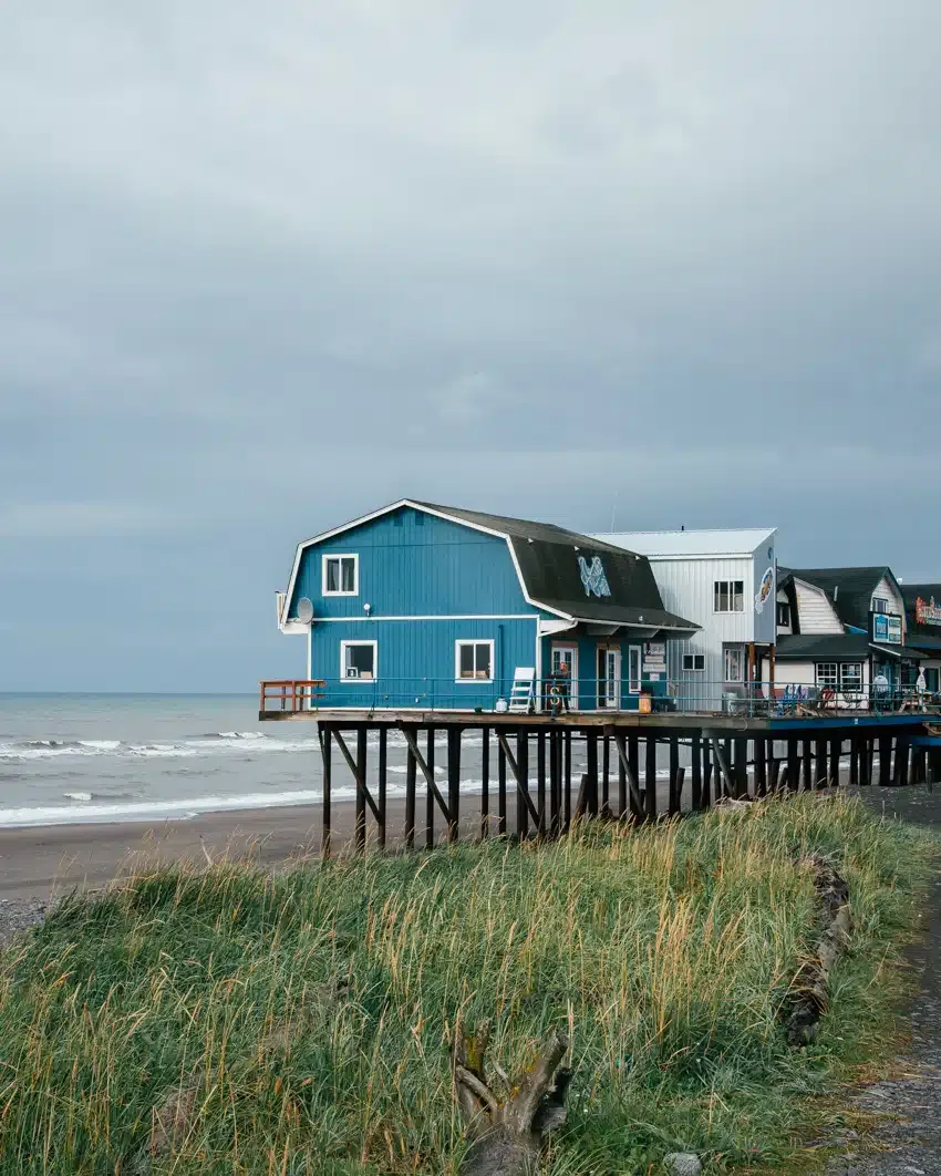 The famous Homer Spit in Homer, Alaska, a long strip of land with shops and harbor