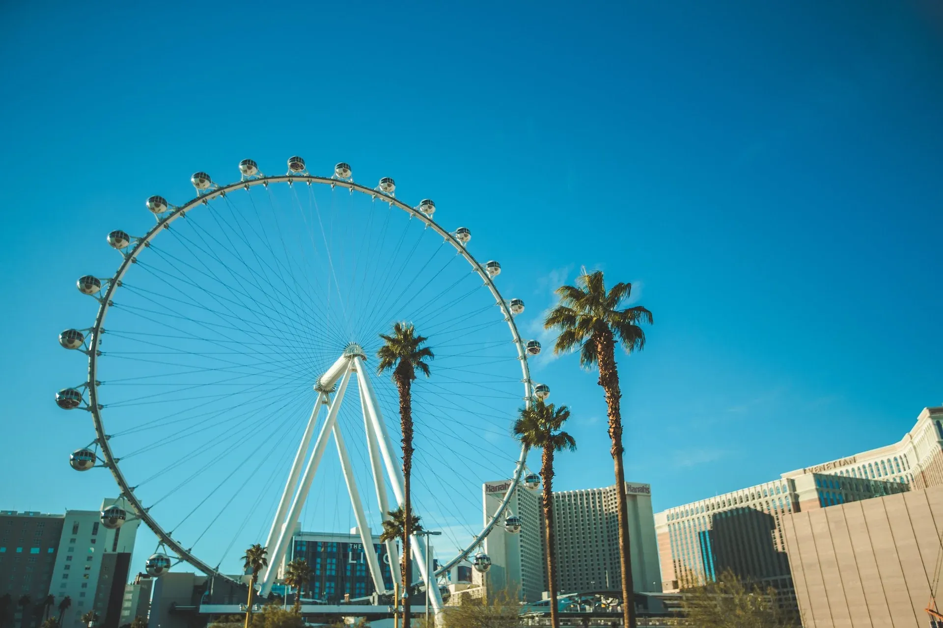 The High Roller observation wheel against the Las Vegas skyline at sunset