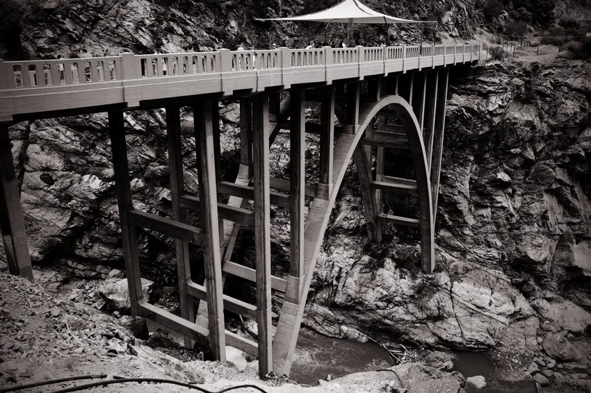 The historic Bridge to Nowhere spans a canyon in the San Gabriel Mountains, Southern California
