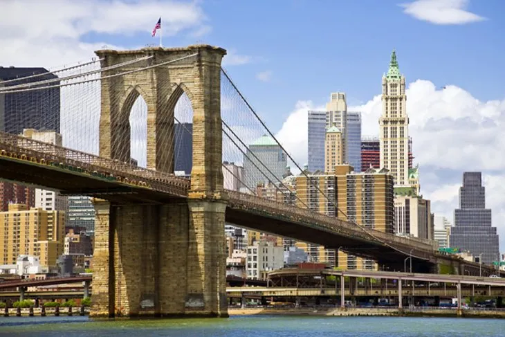 The historic Brooklyn Bridge connecting Manhattan and Brooklyn, a world-famous place in New York City