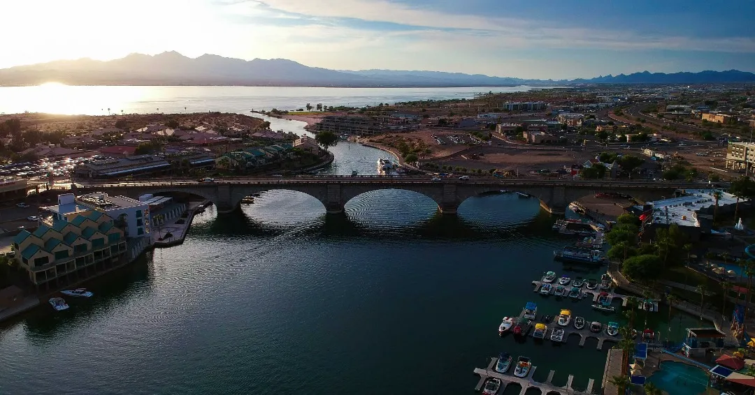 The historic London Bridge spanning a channel in Lake Havasu City