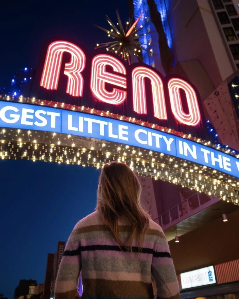 The iconic Reno Arch lit up at night
