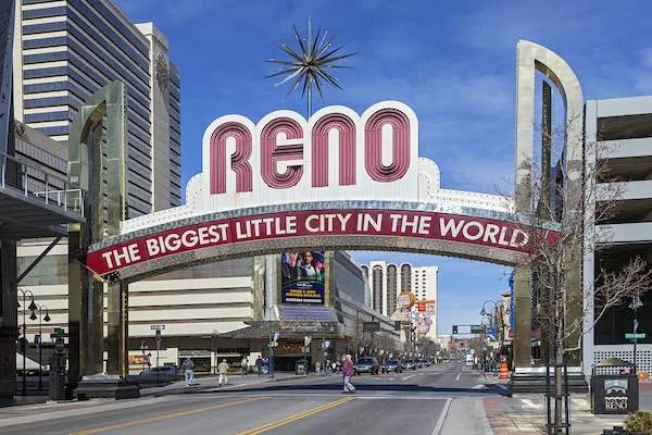 The iconic Reno Arch spanning Virginia Street, stating &quot;The Biggest Little City in the World&quot;