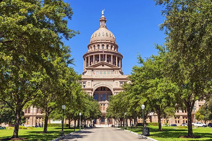 The impressive dome of the Texas State Capitol building in downtown Austin.