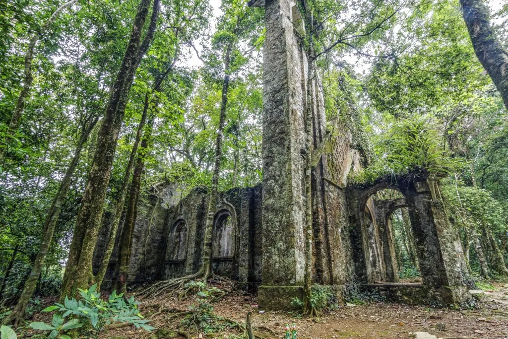 The moss-covered ruins of an abandoned church structure in Ba Vi National Park