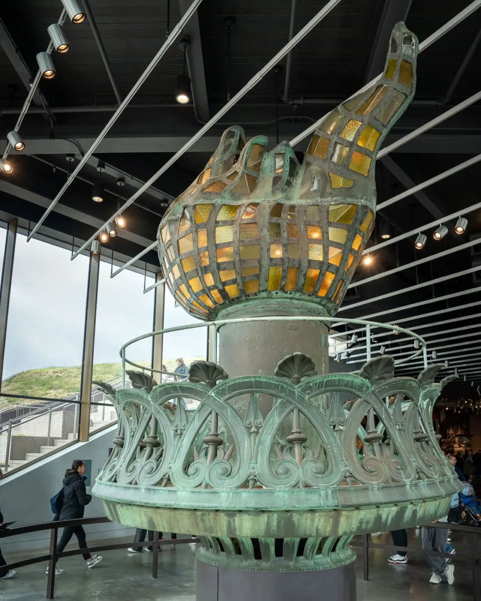 The original and damaged torch of the Statue of Liberty in the museum