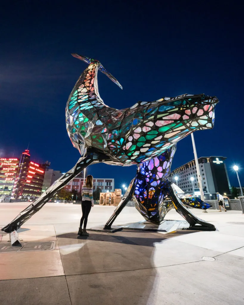 The Space Whale stained glass sculpture in Reno City Plaza