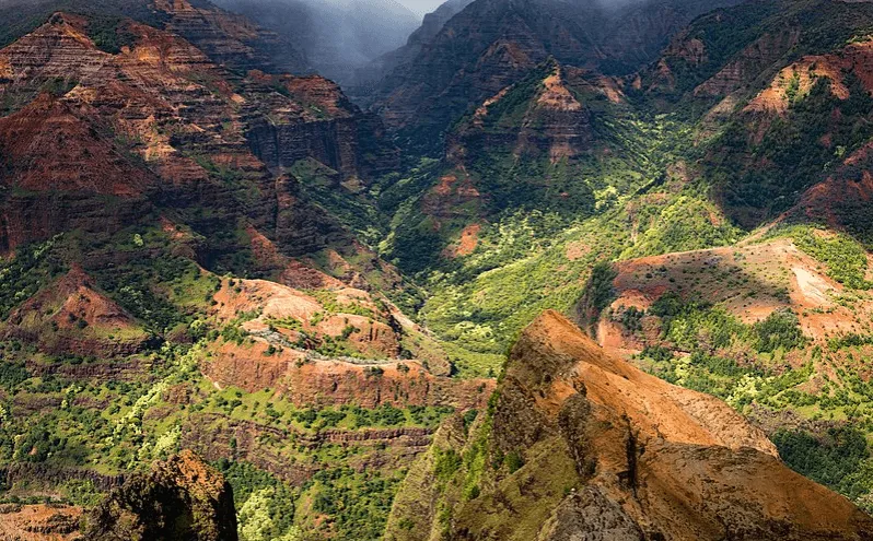The vast and colorful Waimea Canyon in Kauai, also known as the Grand Canyon of the Pacific.