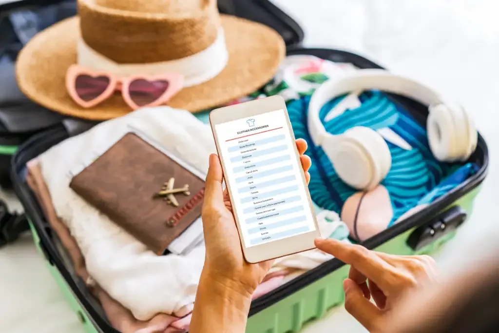 Traveler using a digital List Pack on phone while organizing luggage for a trip, optimizing their packing checklist.