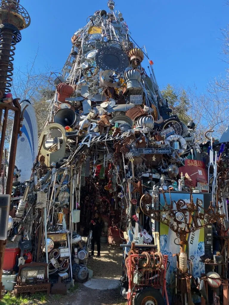 Unique structure built from various discarded items at the Cathedral of Junk in Austin, Texas.