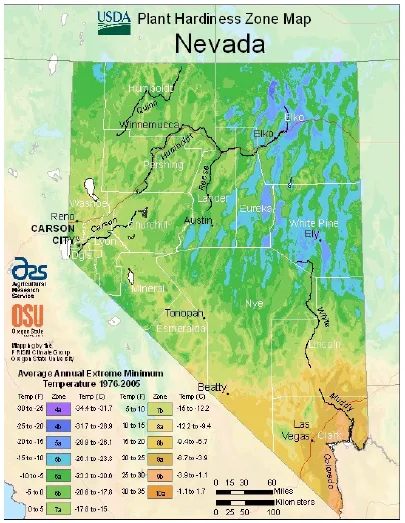 USDA Plant Hardiness Zone map for the United States, highlighting the varied climate zones across Nevada