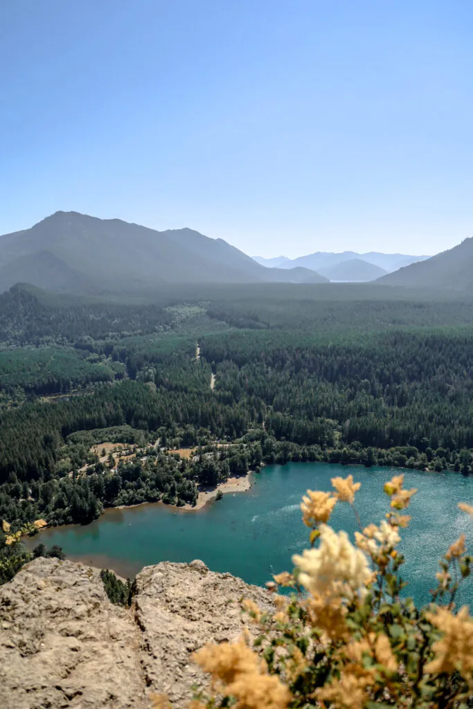 View from Rattlesnake Ledge hike overlooking a lake and surrounding hills near Seattle