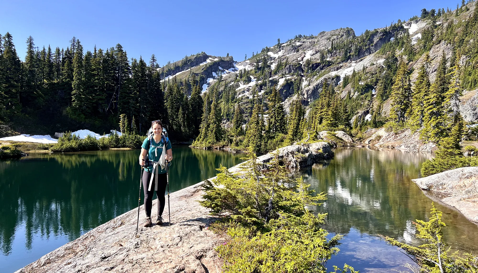View looking down on Rachel Lake on the ascent towards Rampart Lakes during a Washington backpacking trip