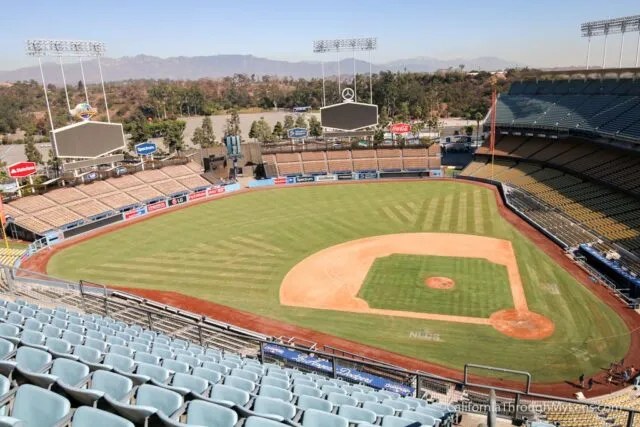 View of an empty baseball field inside Dodgers Stadium