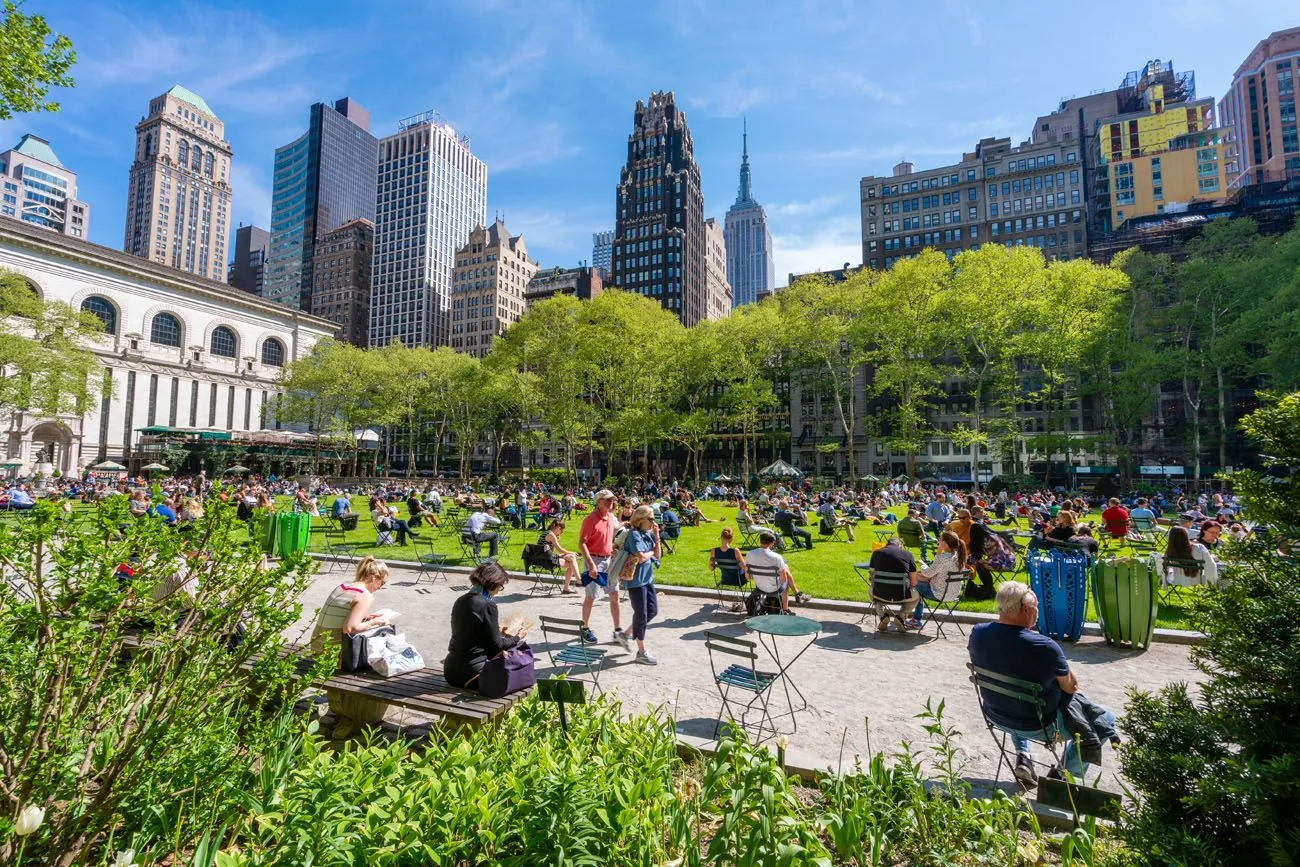 View of Bryant Park in Midtown Manhattan with surrounding buildings