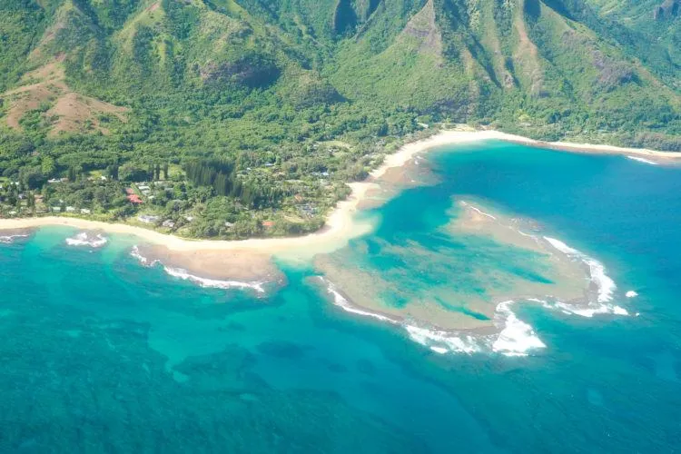 View of Hawaiian islands from an airplane window during island hopping