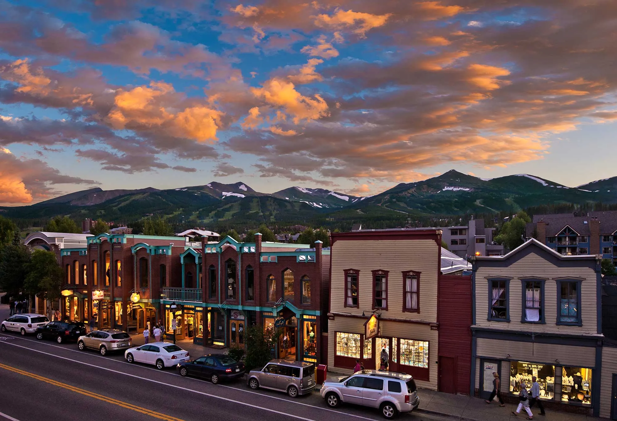 View of historic Main Street Breckenridge Colorado at sunset in summer