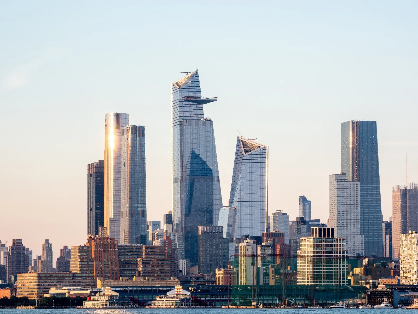 View of modern buildings and structures in the Hudson Yards neighborhood of NYC