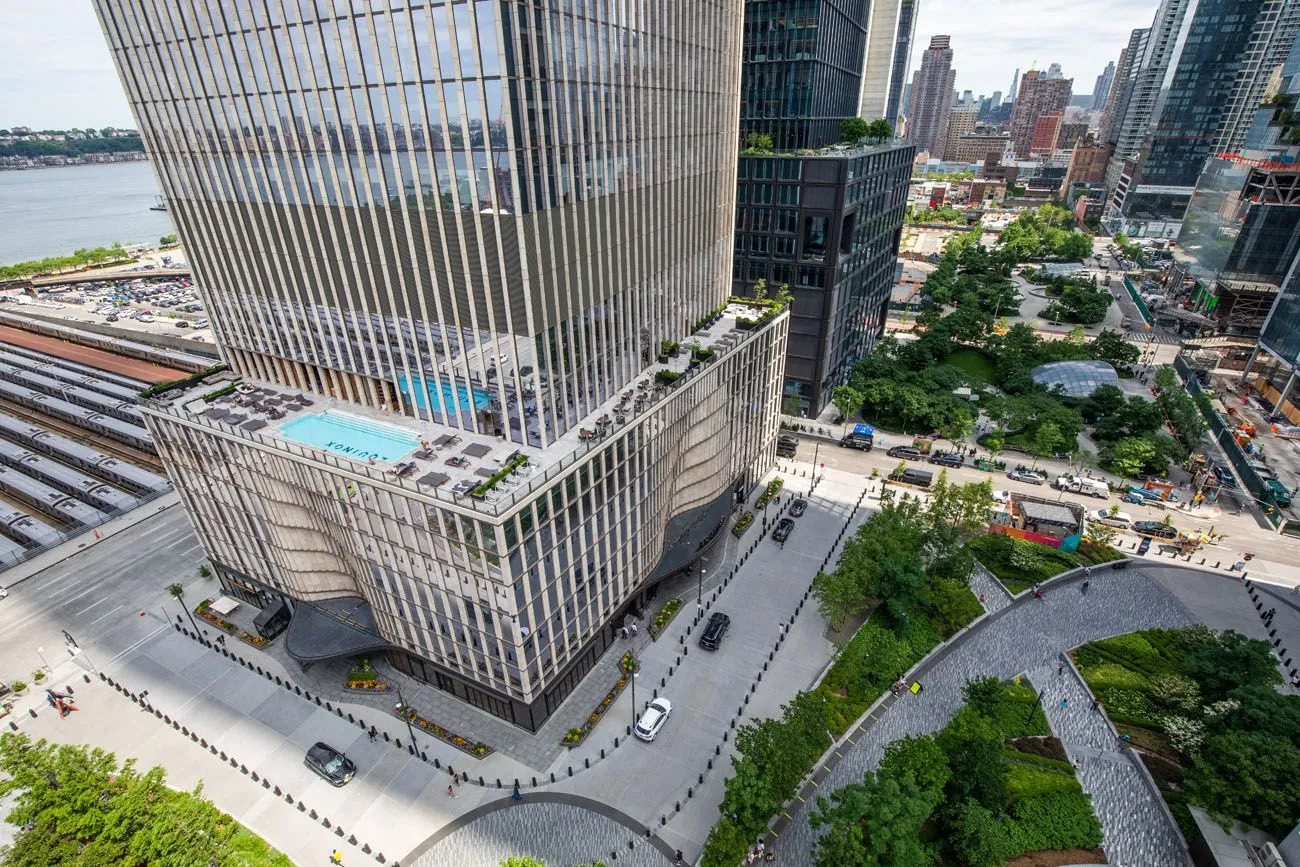 View of modern skyscrapers and plaza at Hudson Yards from The Vessel
