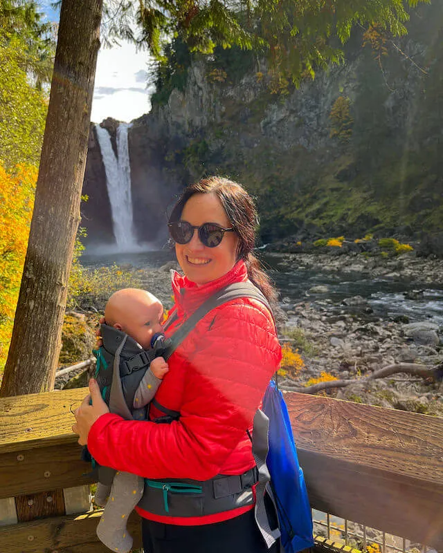 View of Snoqualmie Falls from the lower boardwalk trail near the river