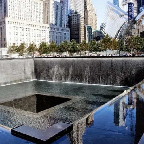 View of the 9/11 Memorial pools and surrounding buildings