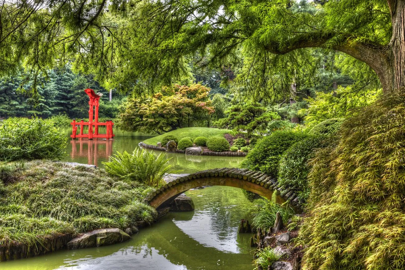 View of the Brooklyn Botanic Garden with a pond and lush greenery